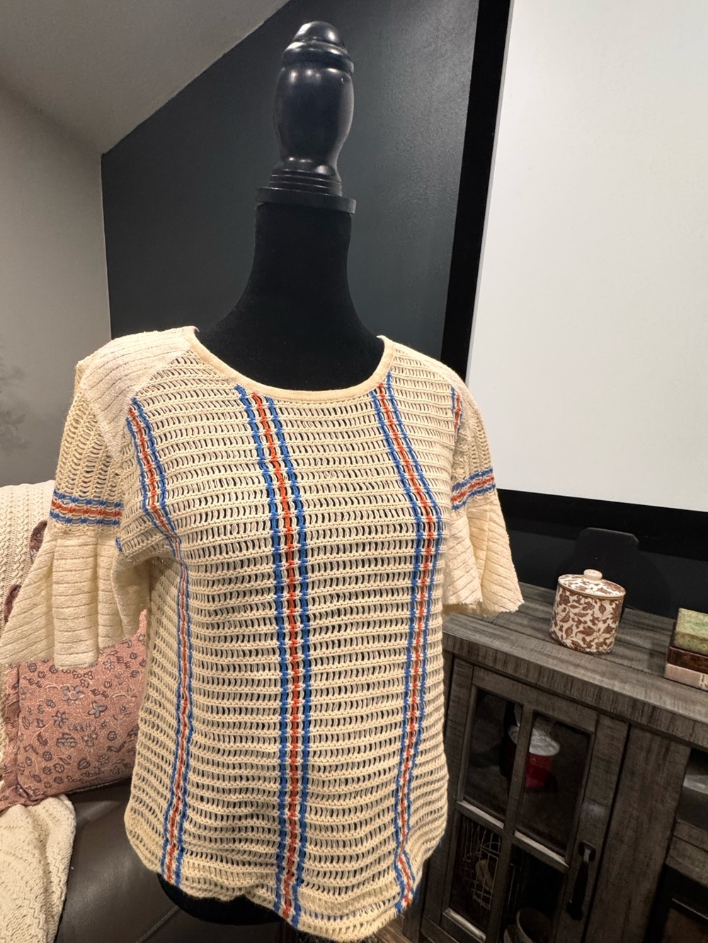 Free People Cream Open-Knit Tunic with Blue & Orange Stripes